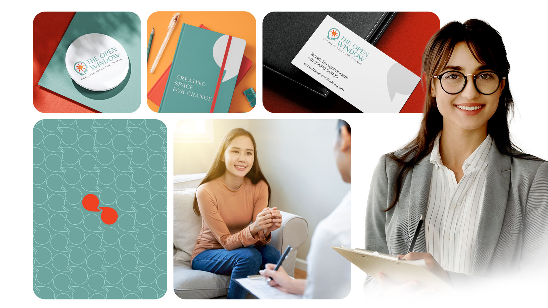 Collage displaying The Open Window's brand collateral, including business cards, stationery, and promotional items for a consistent mental health brand identity.