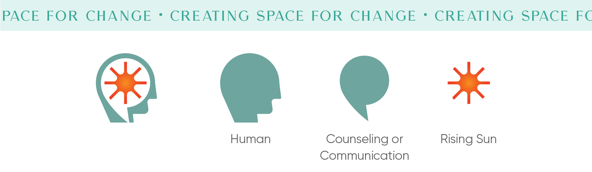Deconstructed icons representing the brand identity concept for The Open Window, showing symbols for human connection, communication, and new beginnings in mental health branding.