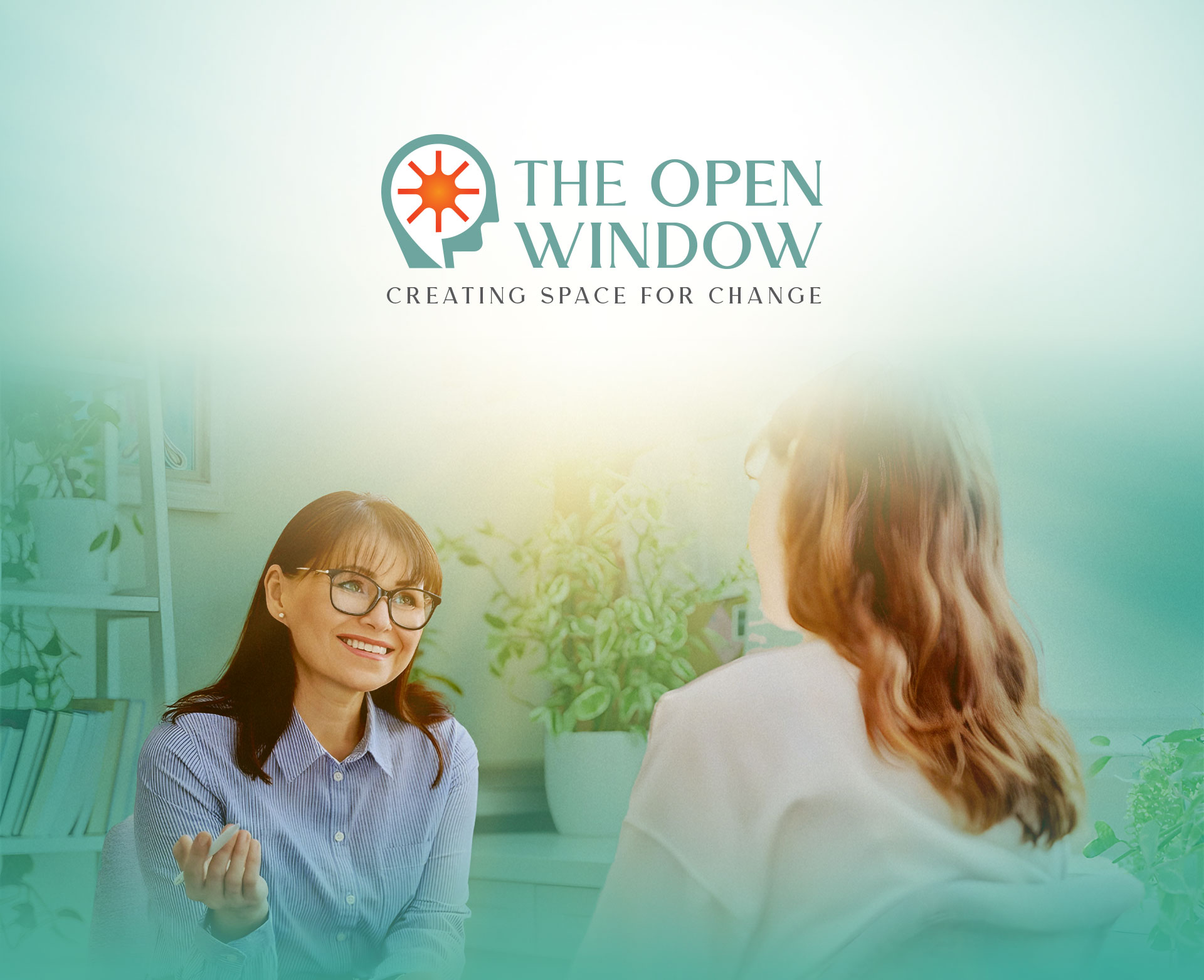 The Open Window mental health therapy session with client and therapist, showcasing the brand's logo and tagline: Creating Space for Change.